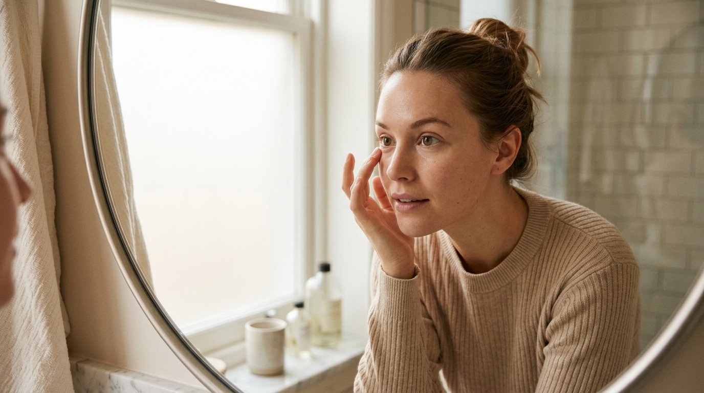 Woman examining the delicate under-eye skin in a mirror in soft daylight