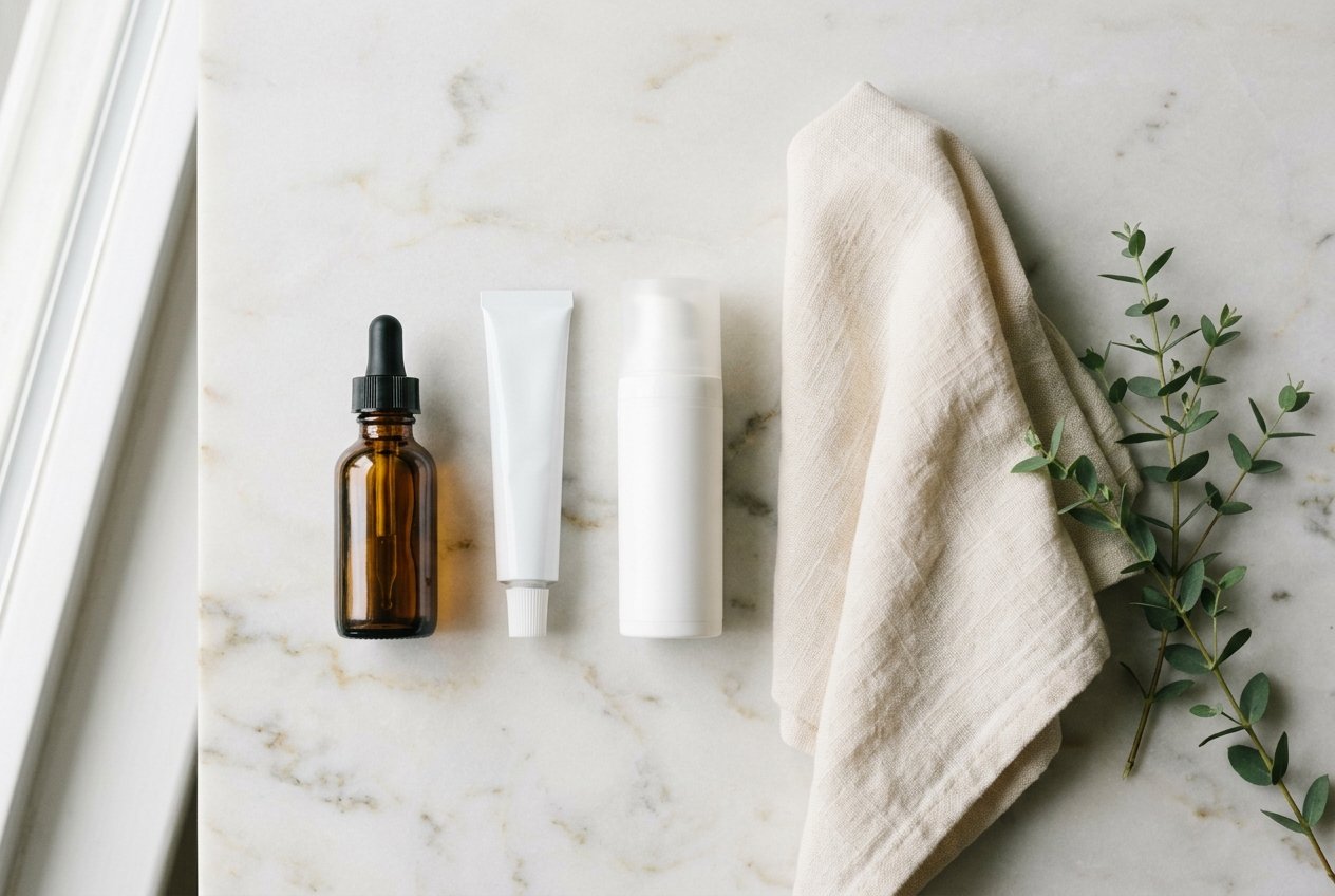 Minimalist skincare flat lay: exfoliating acid serum, retinoid tube and sunscreen on marble