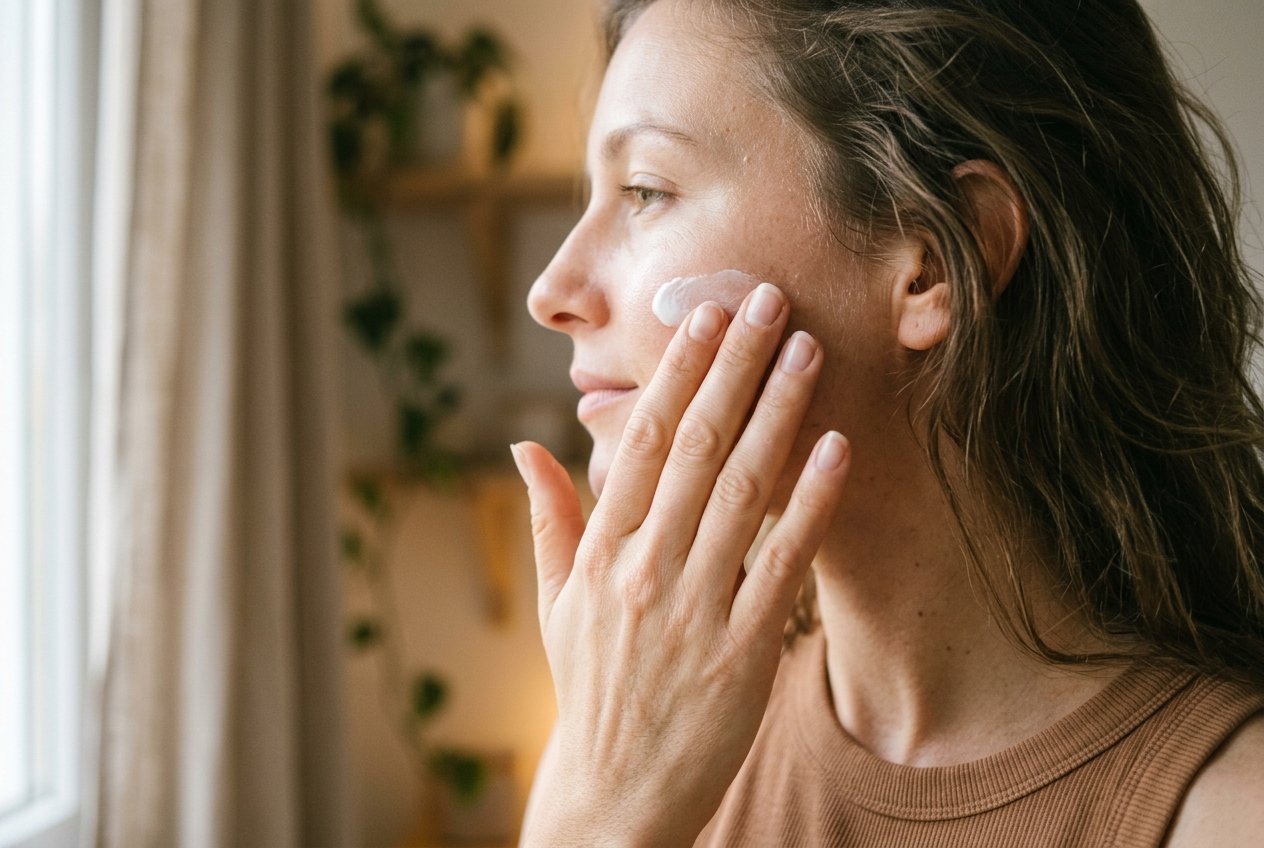 Close-up of a woman smoothing sunscreen onto her cheek in morning light